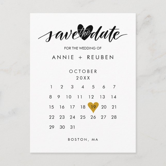 Postal De Anuncios Calendario Gold Love Heart Save the Date (Anverso)