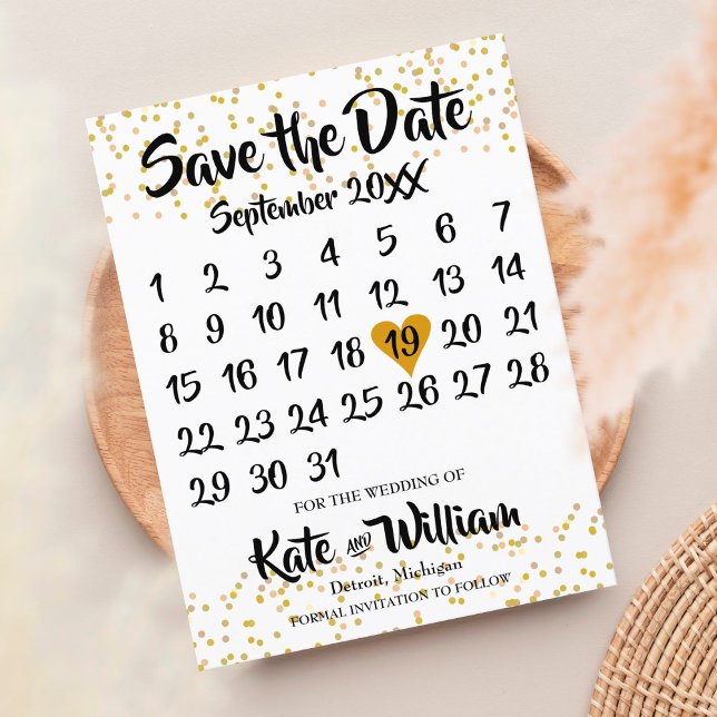 Postal De Anuncios Calendario Gold Love Heart Save the Date (Subido por el creador)