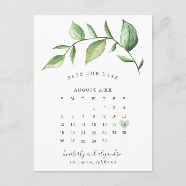 Postal De Anuncios Calendario Greenery Rústico Guardar la Fecha (Anverso)