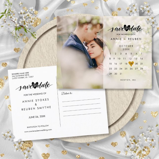 Postal De Anuncios Calendario Oro Heart Photo Save the Date (Calendar Gold Heart Photo Save the Date Announcement Postcard)