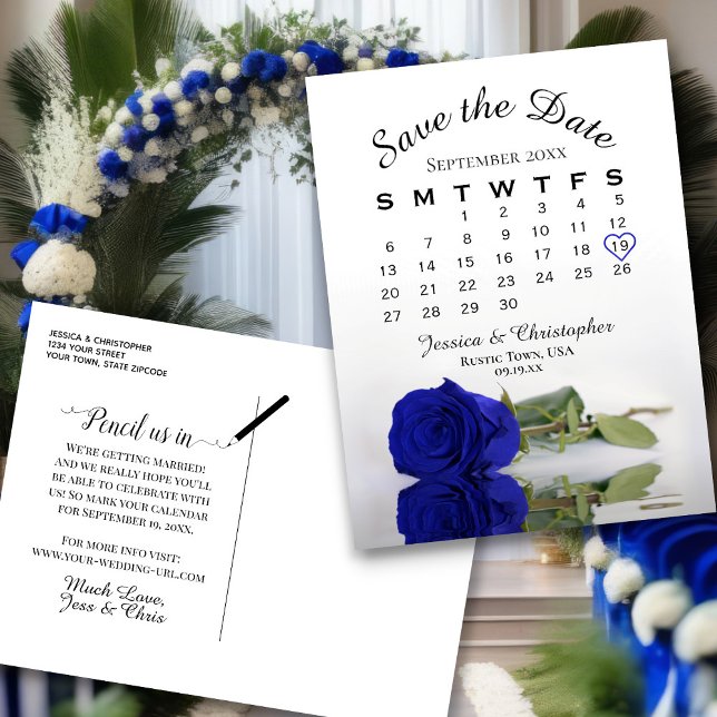 Postal De Anuncios Calendario Rosa azul real Boda Guardar fecha (Front/Back)