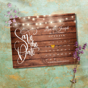 Postal De Anuncios Calendario Rustic Wood String Lights Save the Date