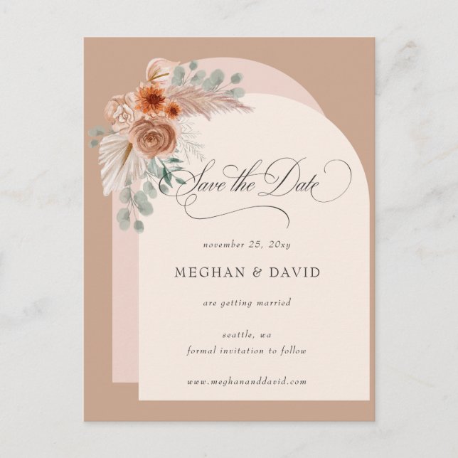 Postal De Anuncios Caligrafía Boho Terracota Pampas Salva la Fecha (Anverso)