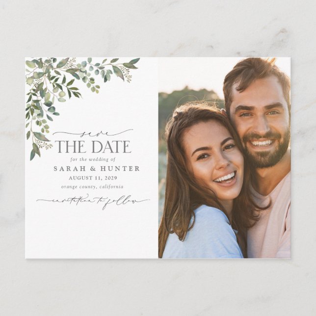 Postal De Anuncios Caligrafía Botánica de Eucalipto Foto Boda (Anverso)