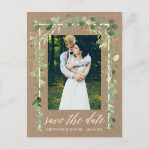 Postal De Anuncios Caligrafía Botánica Save The Date Kraft