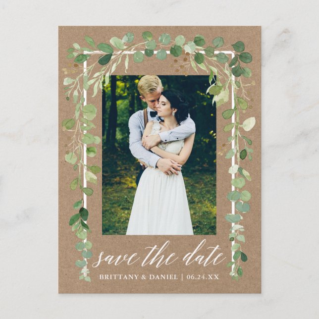 Postal De Anuncios Caligrafía Botánica Save The Date Kraft (Anverso)