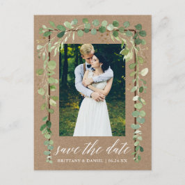 Postal De Anuncios Caligrafía Botánica Save The Date Madera Kraft