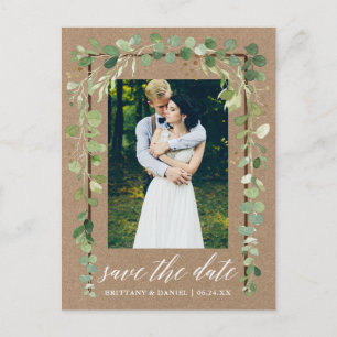 Postal De Anuncios Caligrafía Botánica Save The Date Madera Kraft