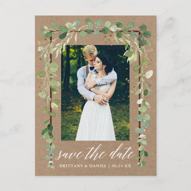 Postal De Anuncios Caligrafía Botánica Save The Date Madera Kraft (Anverso)