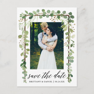 Postal De Anuncios Caligrafía Botánico Guardar Fecha Marco de Madera