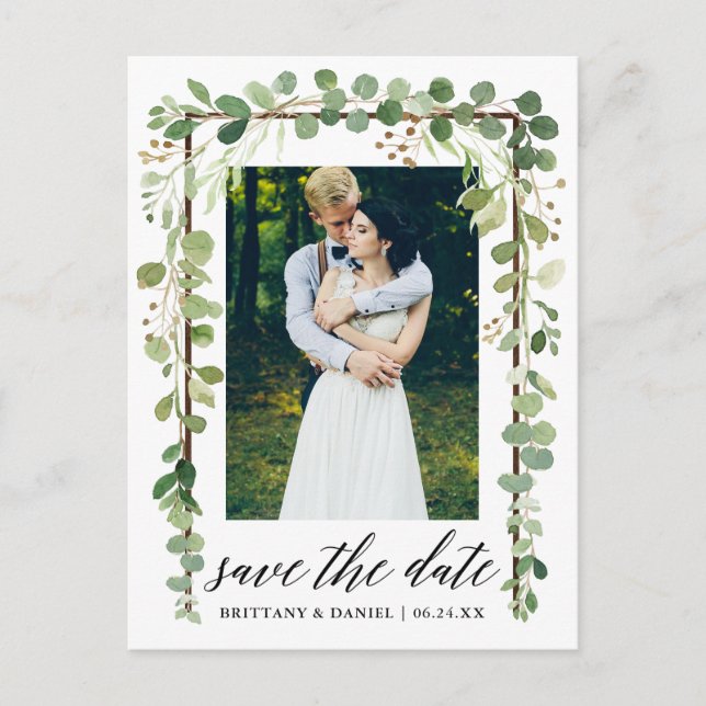 Postal De Anuncios Caligrafía Botánico Guardar Fecha Marco de Madera (Anverso)