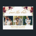 Postal De Anuncios Caligrafía Burdeos Save The Date 3 Foto Oro<br><div class="desc">Script de Caligrafía Moderna,  Floral de Burdeos Marsala Acuarela,  Anuncio de Compromiso Save The Date Pareja Tarjeta Postal de 3 Fotos</div>