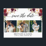 Postal De Anuncios Caligrafía Burgundy Floral Save The Date 3 Fotos<br><div class="desc">Script de Caligrafía Moderna,  Floral de Acuarela Burgundy,  Anuncio de Compromiso Save The Date Pareja Tarjeta Postal de 3 Fotos</div>