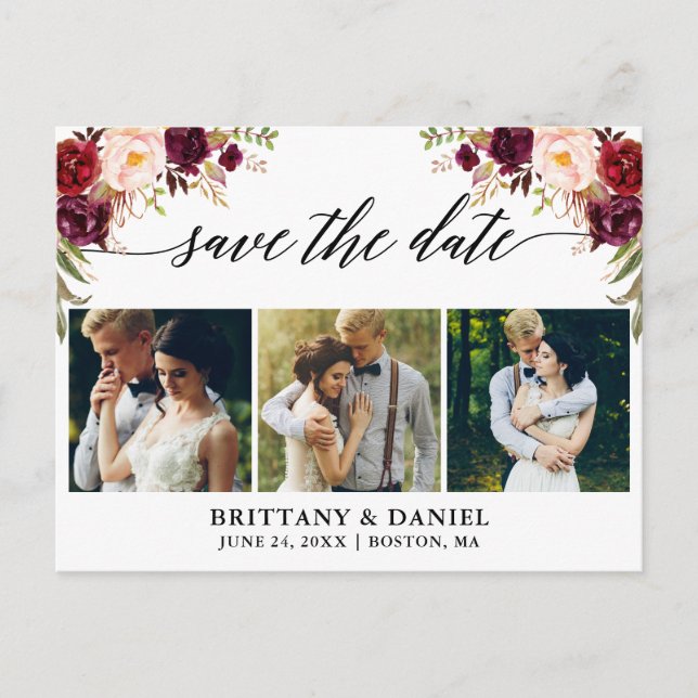 Postal De Anuncios Caligrafía Burgundy Floral Save The Date 3 Fotos (Anverso)