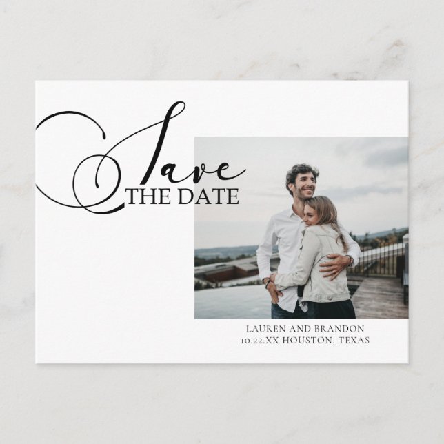 Postal De Anuncios Caligrafía de foto de boda para guardar la fecha  (Anverso)