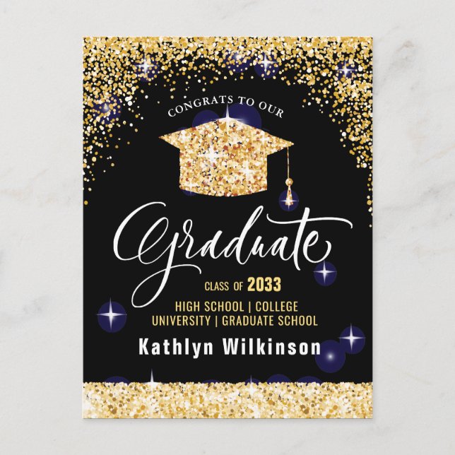 Postal De Anuncios Caligrafía Elegante Graduación con Brillo Dorado (Anverso)