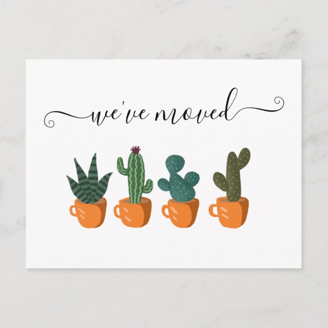 Postal De Anuncios Caligrafía Moderna de Cactus Nos Hemos Mudado (Anverso)