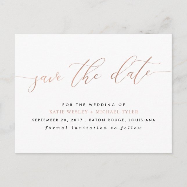 Postal De Anuncios Caligrafía moderna Rose Gold Save the Date (Anverso)