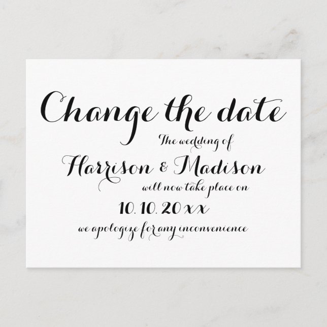 Postal De Anuncios Cambia la Fecha, Caligrafía Boda (Anverso)
