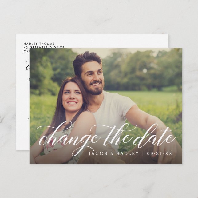 Postal De Anuncios Cambia la fecha de la boda de Caligrafía moderna F (Anverso / Reverso)