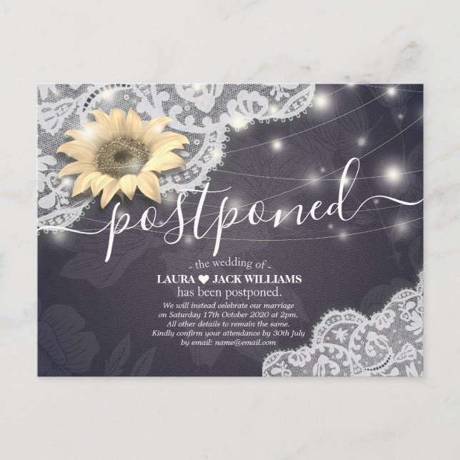 Postal De Anuncios Cambio de aplazamiento de boda La fecha Girasoles (Anverso)