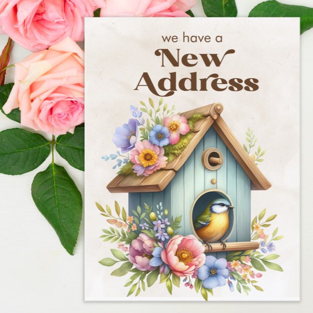 Postal De Anuncios Cambio de dirección Casita de pájaros Flores (Birdhouse with blue and yellow flowers change of address postcard)