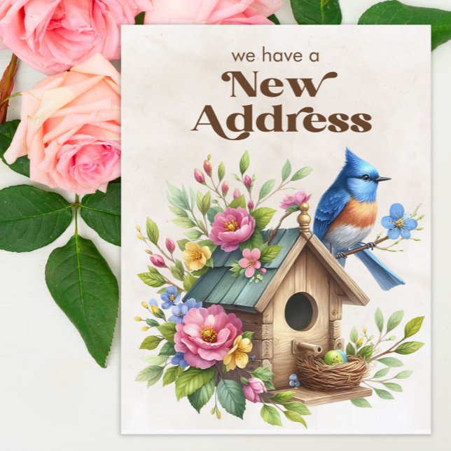 Postal De Anuncios Cambio de Dirección Casita de Pájaros Pájaro Azul  (Birdhouse/blue jay change of address postcard)