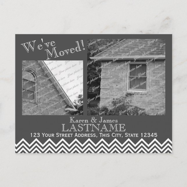 Postal De Anuncios Cambio de dirección Chevron Patrón con foto gris (Anverso)