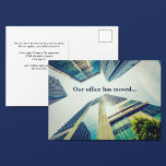 Postal De Anuncios Cambio de dirección de edificio moderno movido de<br><div class="desc">Nuestra oficina se ha mudado a un edificio nuevo, por favor actualice su libreta de direcciones. Simplemente rellene los espacios de texto con la información de su empresa personalizado para enviar tarjetas postales de cambio profesional a todos sus contactos y clientes. Moda fotografía moderna de las oficinas de las alturas...</div>