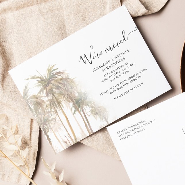 Postal De Anuncios Cambio de dirección de palmeras en movimiento (We Have Moved Coastal Palm Trees Watercolor Moving Announcement Postcard)