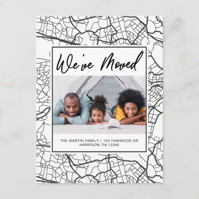 Postal De Anuncios Cambio de dirección Mapa en blanco y negro Diseño  (Anverso)