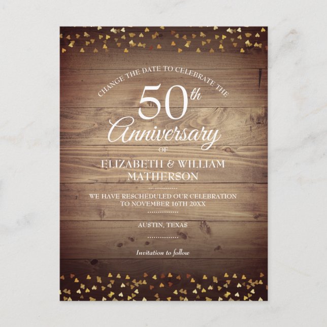 Postal De Anuncios Cambio de Fecha 50 Aniversario de Boda Rústico (Anverso)