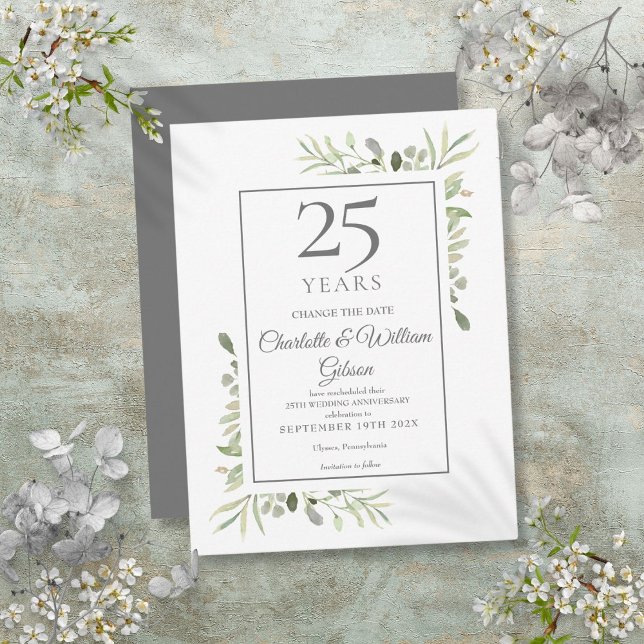 Postal De Anuncios Cambio de fecha de aniversario de plata 25º Bodas  (25th Silver Anniversary Change the Date Greenery Announcement Postcard)