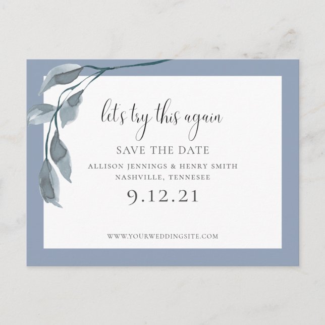 Postal De Anuncios Cambio de Fecha de Boda Azul Guardar la Fecha (Anverso)