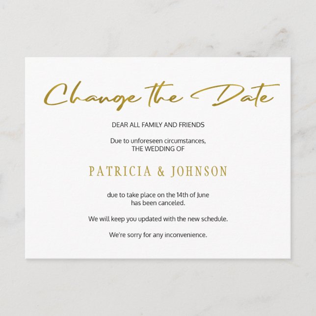 Postal De Anuncios Cambio de fecha de boda con brillo de oro simple (Anverso)