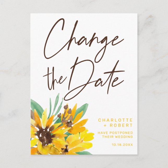 Postal De Anuncios Cambio de fecha de boda de girasoles en acuarela (Anverso)