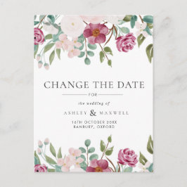 Postal De Anuncios Cambio de Fecha de Boda Floral Burgundy & Blush