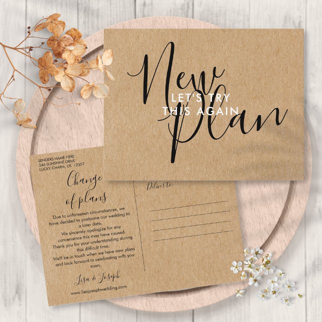 Postal De Anuncios Cambio de Fecha de Nuevo Plan Rústico Evento Pospu (Rustic New Plan Change the Date Postponed Event Announcement Postcard)