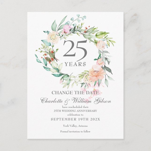 Postal De Anuncios Cambio de fecha del 25 aniversario Rosas florales (Anverso)