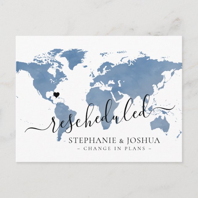 Postal De Anuncios Cambio de planes aplazado mapa de boda de destino (Anverso)