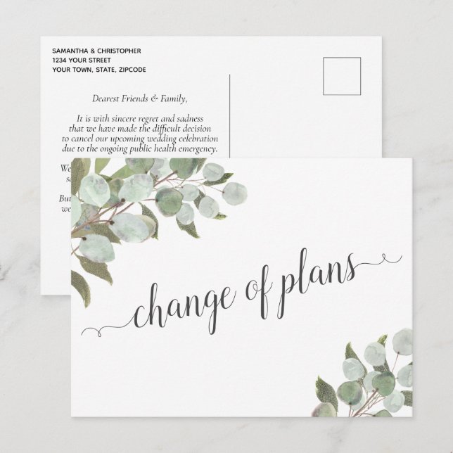 Postal De Anuncios Cambio de planes Boda de eucalipto cancelada (Anverso / Reverso)