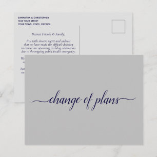 Postal De Anuncios Cambio de planes boda pospuesta azul marino y gris