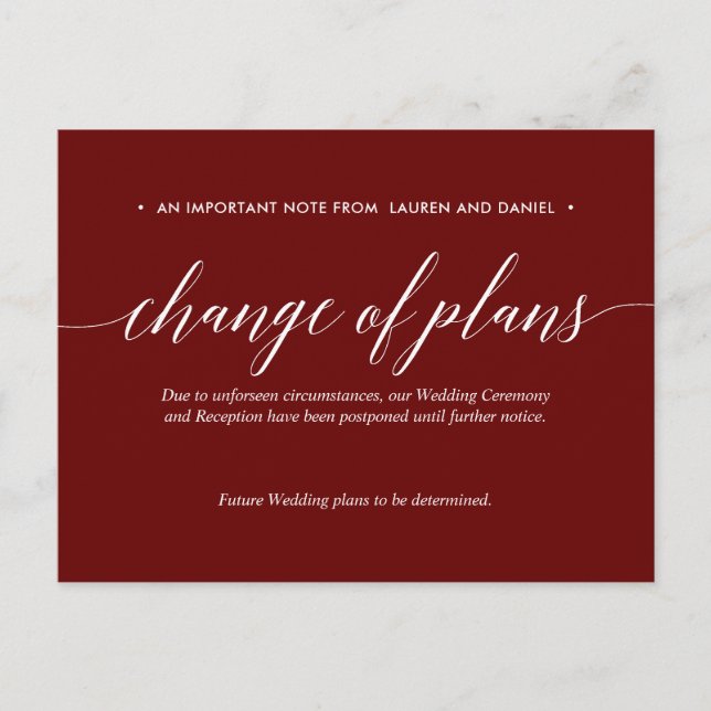 Postal De Anuncios Cambio de planes de Merlot Boda pospuesta cancelad (Anverso)