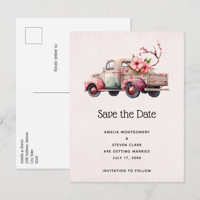 Postal De Anuncios Camión de granjero de cosecha rosa salva la fecha (Anverso / Reverso)