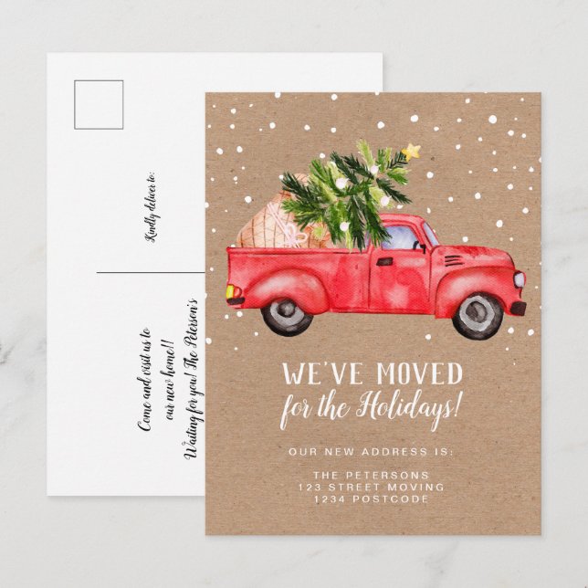 Postal De Anuncios Camión rojo de época kraft de Navidad en movimient (Anverso / Reverso)