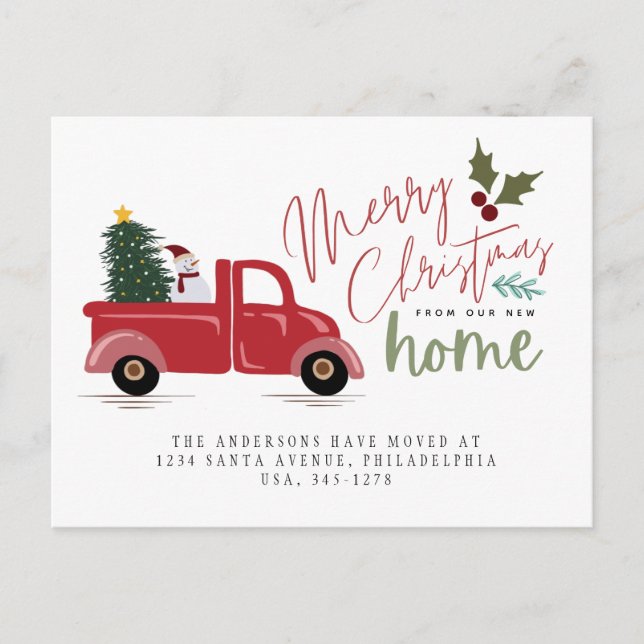 Postal De Anuncios Camión Rojo Navidad Árbol Hombre de Nieve Fiesta M (Anverso)