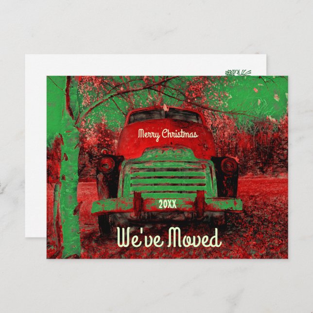 Postal De Anuncios Camioneta Roja Rústica Retro de Navidad Nos hemos  (Anverso / Reverso)