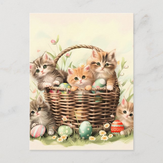 Postal De Anuncios Canasta de Pascua de Gatito de Primavera (Anverso)