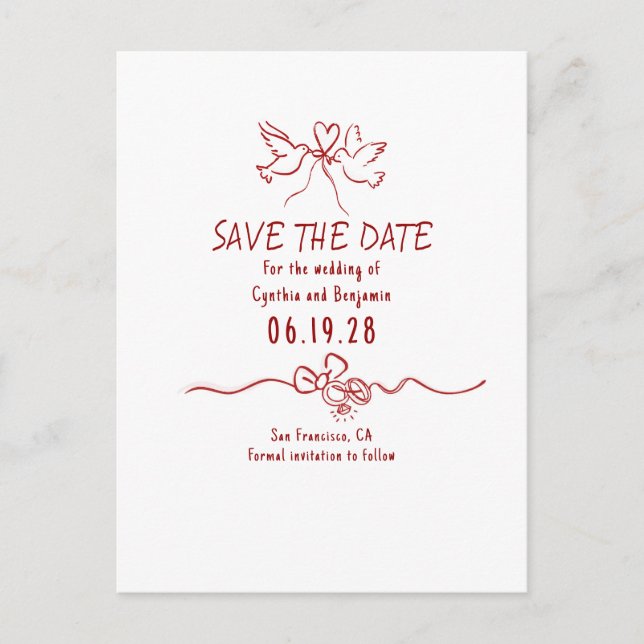 Postal De Anuncios Caprichoso Save The Date Dibujado a Mano Funky (Anverso)