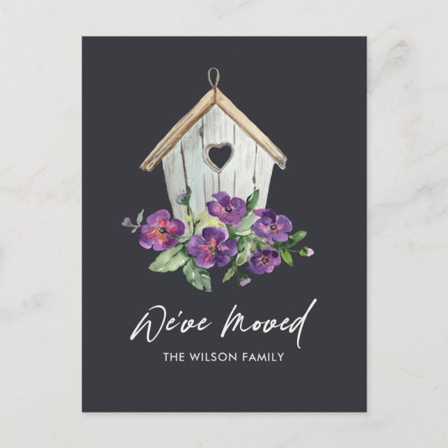 POSTAL DE ANUNCIOS CASA DE PÁJAROS FLORAL NEGRA RÚSTICA NUEVA DIRECCI (Anverso)